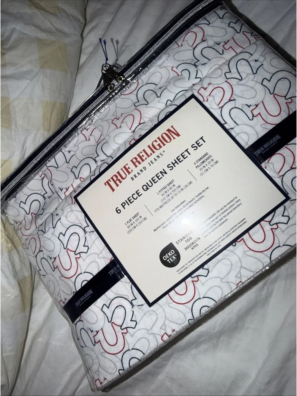 True Religion Red, Blue Logo Queen 6 Piece Sheet Set